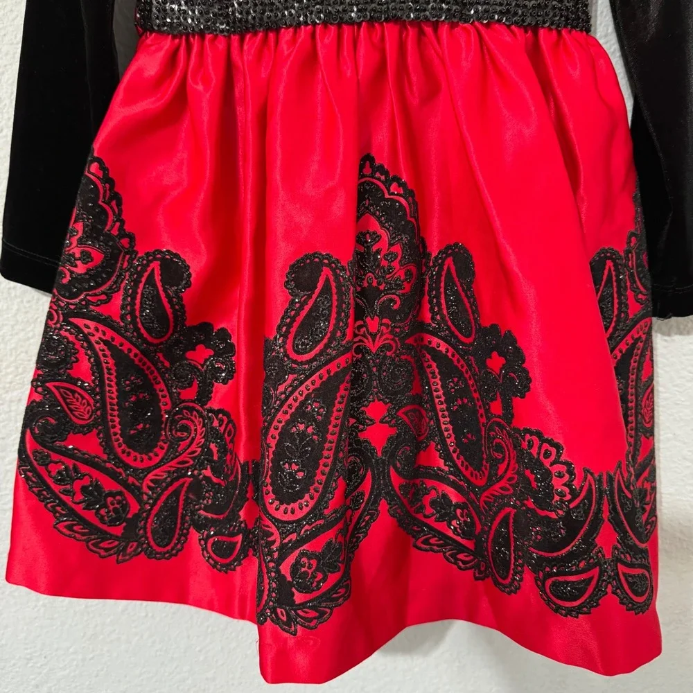Rare Editions 4T Girls Black‎ Velvet Red Satin Paisley Sequin Holiday Dress